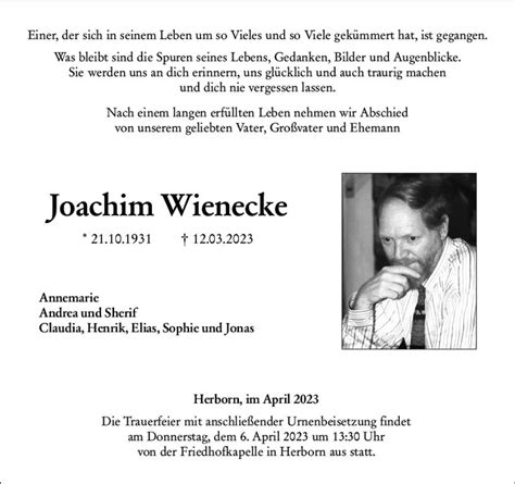 Traueranzeigen Von Joachim Wienecke Vrm Trauer De