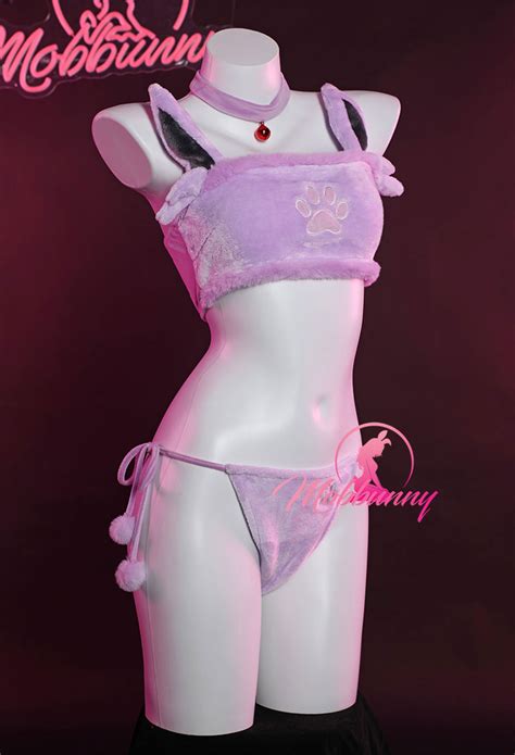 Kawaii Purple Plush Sexy Lingerie Set Pm Derivative Crop Top And Shorts With Lace Up Panty