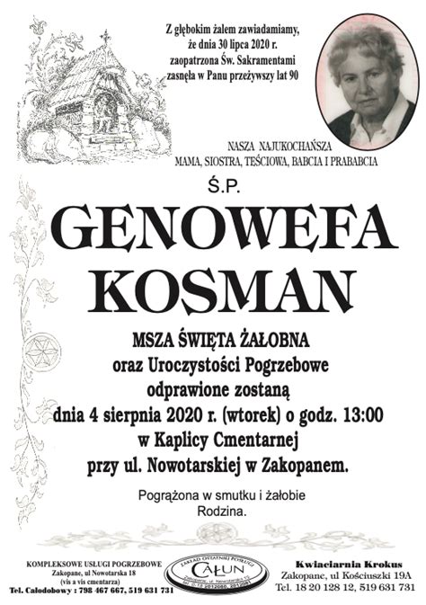 Genowefa Kosman Nekrologi Podhale Pl