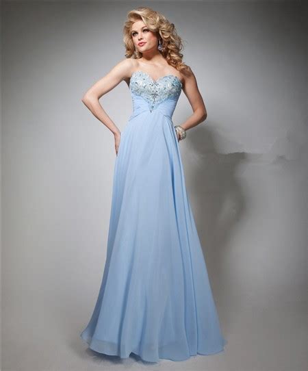 Elegant A Line Strapless Sweetheart Long Light Blue Chiffon Beaded Prom