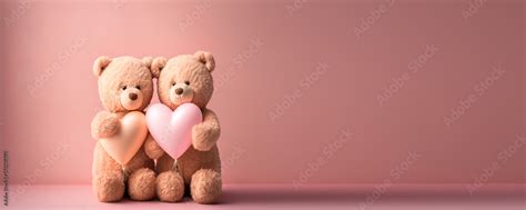 Cute teddy bear couple holding valentine heart shape balloon on pink pastel banner. Photograph ...