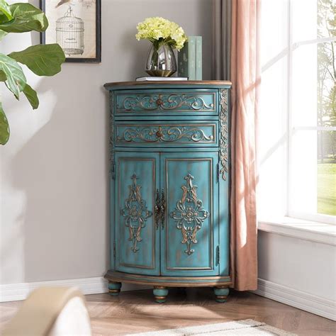 French Country Antique Triangle Wood Accent Corner Cabinet With 2 Doors And 2 Drawers In Blue