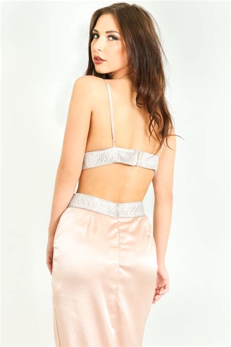 Embellished Satin Triangle Bralet In Nude