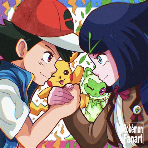 Safebooru 1boy 1girl Ash Ketchum Black Hair Blue Eyes Bowtie Brown Eyes Holding Hands Liko