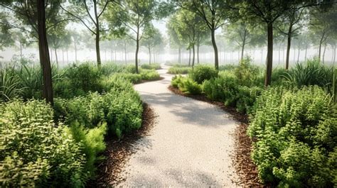 Nature Walk Pathway Surrounded By Lush Greenery And Sunlight Premium