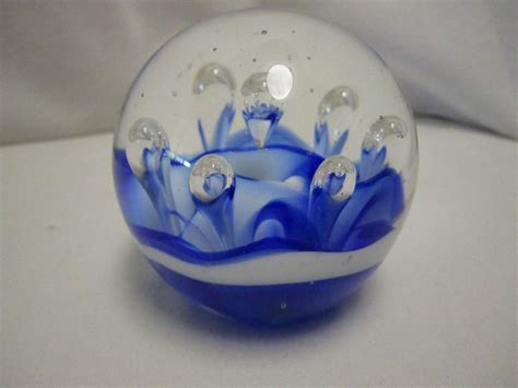 Cobalt Blue White Art Glass Paperweight Controled Bubbles Waves