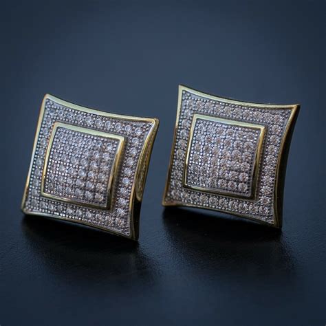 Men S Big Hip Hop Square Gold Diamond Earrings Studs