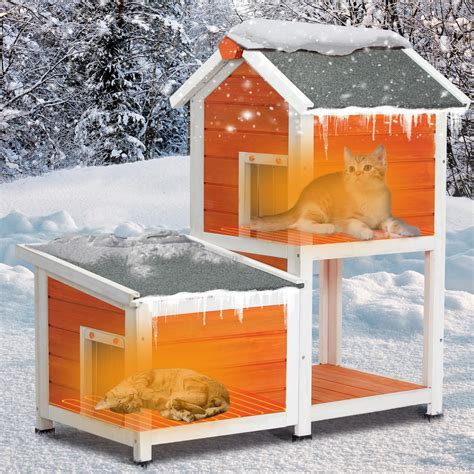 Petsfit 2 Stroy Cat House Outdoor, Insulated High Feet + Feeding