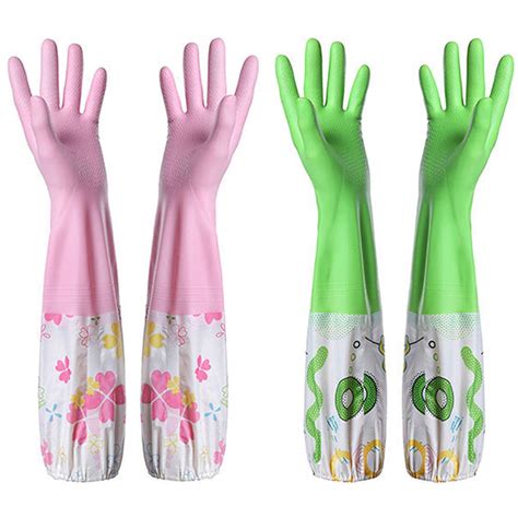 Reusable 2 Pairs Rubber Cleaning Gloves Household Flock Lined Dishwashing Gloves