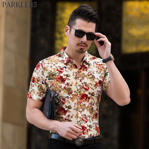 Luxury Brand Floral Shirt Men 2018 High Quality Gold Bronzing Flower