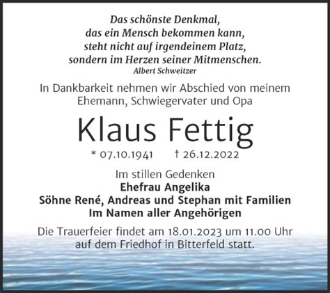 Traueranzeigen Von Klaus Fettig Abschied Nehmen De