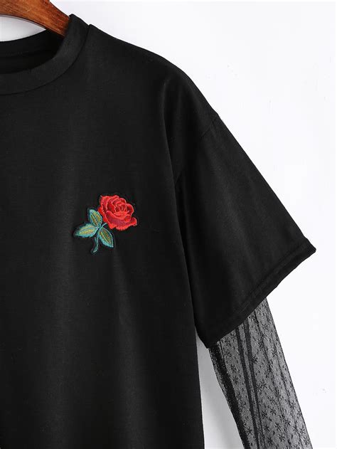 Rose Embroidered Patch Contrast Mesh Sleeve 2 In 1 T Shirt Shein