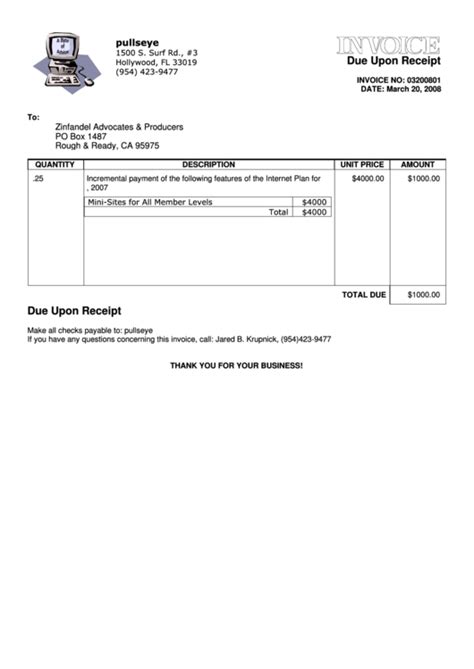 Invoice Template Due Upon Receipt Printable Pdf Download