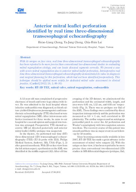 Pdf Anterior Mitral Leaflet Perforation Identified By Real Time Three