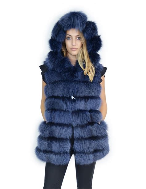 Gilet Pelliccia Volpe Blu Con Pelle Scamosciata E Cappuccio 48 Fox