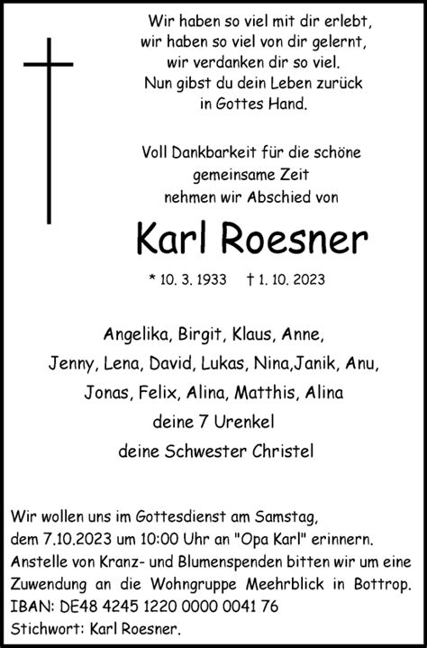 Traueranzeigen Von Karl Roesner Trauer In NRW De