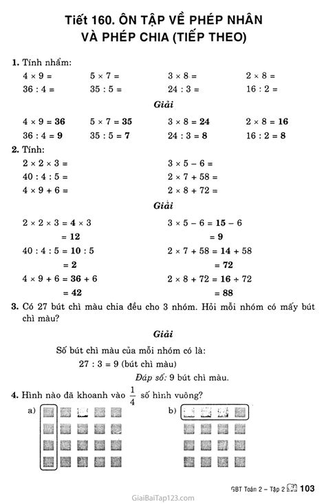 Giải Bài Tập Toán Lớp 2 Tiết 160 Ôn Tập Về Phép Nhân Và Phép Chia
