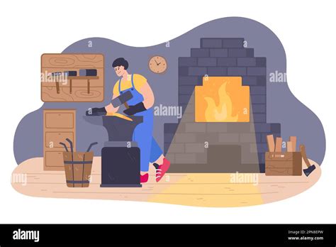 Blacksmith Working On Anvil Flat Vector Illustration Stock Vector Image