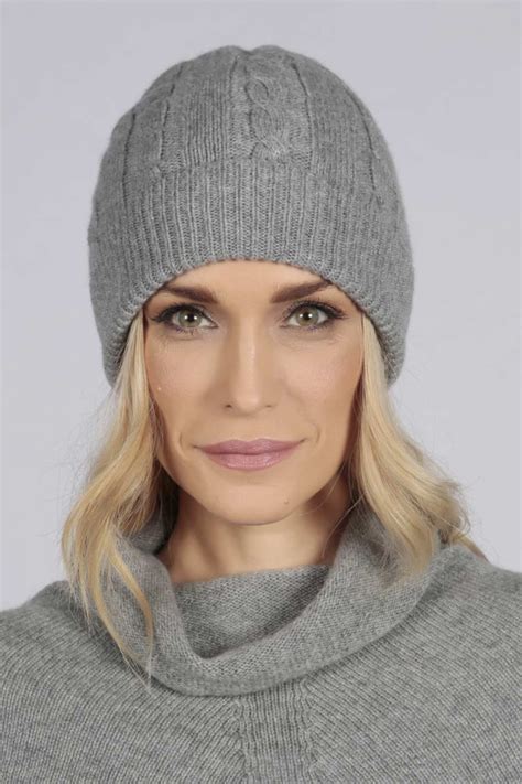 Light Grey Pure Cashmere Beanie Hat Cable And Rib Knit