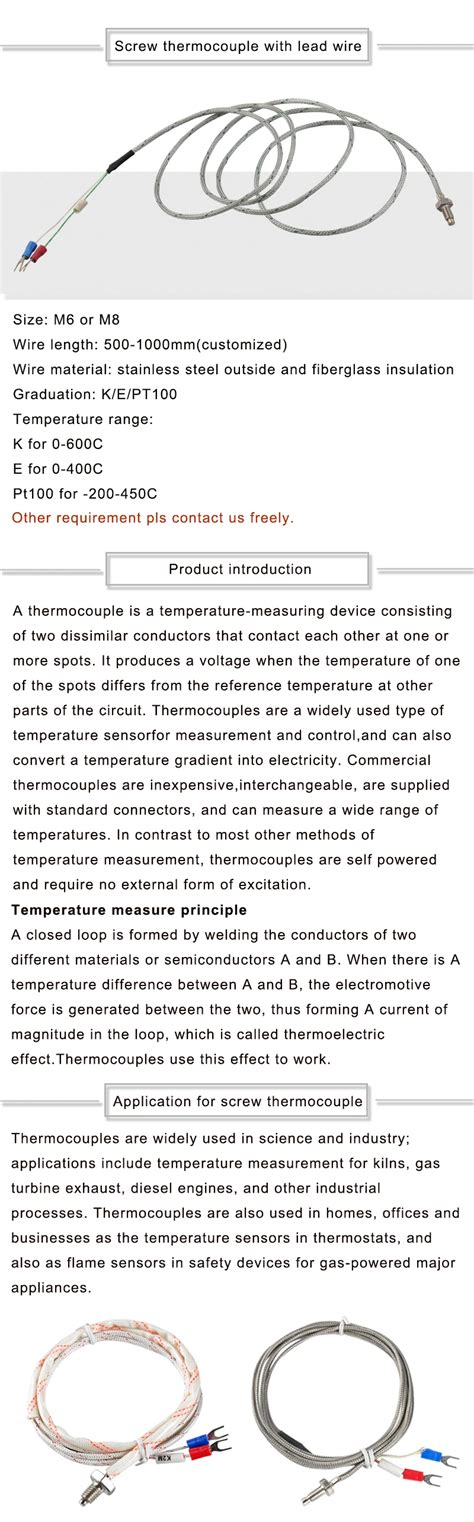 M6 m8 K j e pt100 접지 나사 열전대 0 600c 온도 측정 Senors 프로브 2m Buy Ss316 K 형
