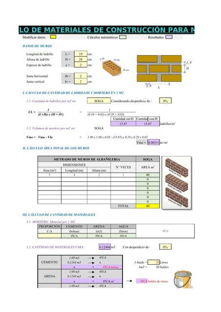 Hoja de calculo de materiales de construcción para muros Plantillas