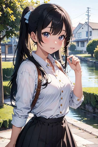 Premium Photo | Anime girl with black hair wearing white shirt and black skirt