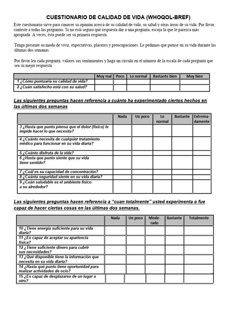 Cuestionario De Calidad De Vida Whoqol Bref Descargar Gratis Pdf Cuestionario Sicología