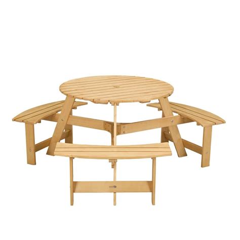 Zeus & Ruta 6-Person Natural Wooden Picnic Table with Umbrella Hole, 3 ...