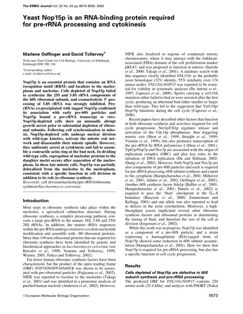 Pdf Yeast Nop15p Is An Rna Binding Protein Required For Pre Rrna