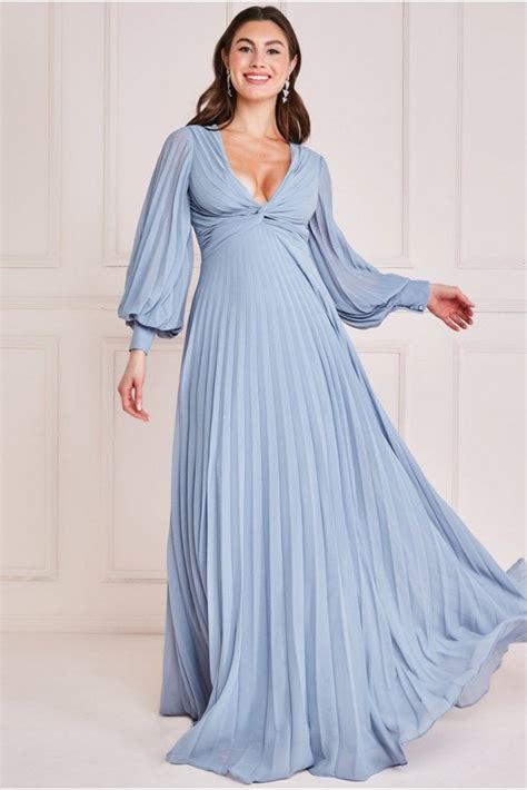 Goddiva Fully Pleated Chiffon Maxi Dress Blue Sale From Yumi Uk