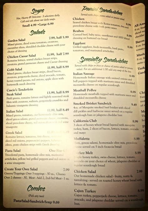 Menu at Cascio's Market Bistro restaurant, Bossier City