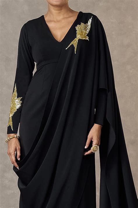 Black Heavy Crepe Son Chidiya Motif Embroidered Gown Saree By Masaba At