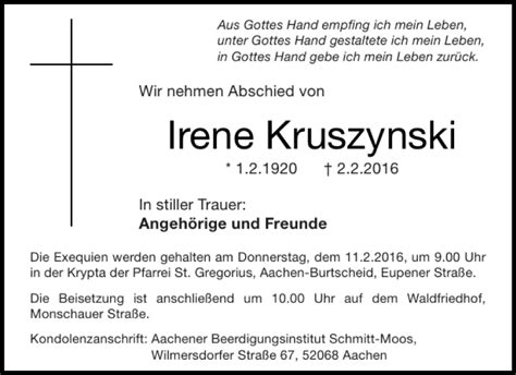 Traueranzeigen Von Irene Kruszynski Aachen Gedenkt