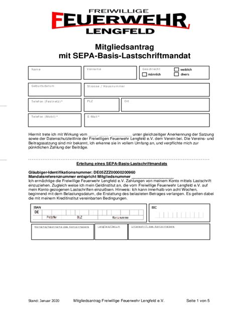 Ausfüllbar Online Mitgliedsantrag mit SEPA Basis Lastschriftmandat Fax