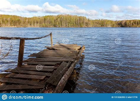 Forest Lake Or River On Summer Day And Old Rustic Wooden Dock Or Pier