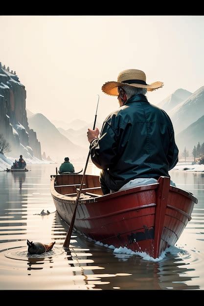 Premium AI Image | Old man fishing in a boat with houses trees forests ...