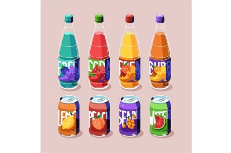 Variety of Refreshing Fruit Drinks in Soda Cans and Bottles