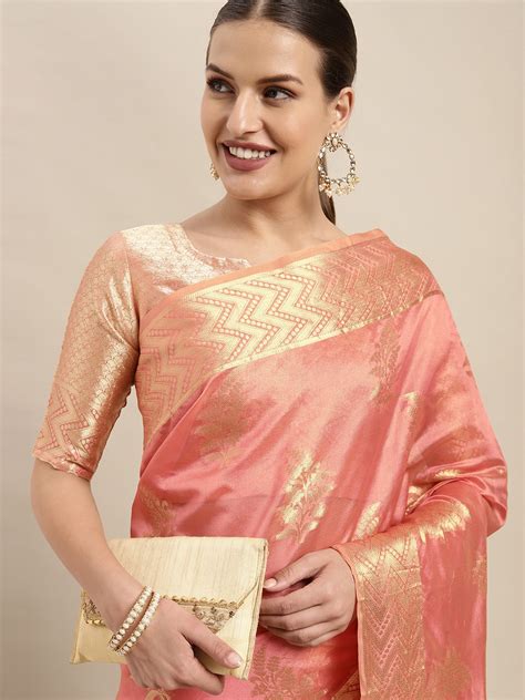 Buy Mitera Pink Gold Toned Ethnic Motifs Zari Organza Kanjeevaram