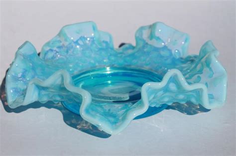 Vintage Fenton Hobnail Blue Opalescent Glass Bonbon Candy Dish W Crimped Ruffle Edge