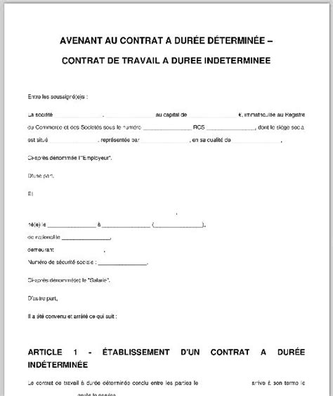 Avenant Au Contrat De Travail Mod Le D Avenant Legalplace Contrat