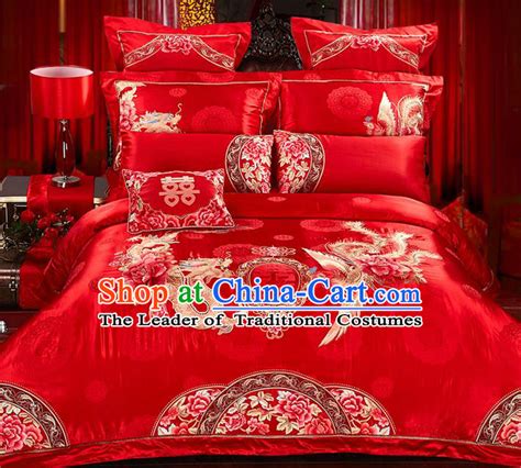 Chinese Red Amd White Traditional Wedding Dragon Phoenix Bedding Set