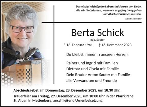 Traueranzeigen Von Berta Schick Schwaebische De Trauerportal