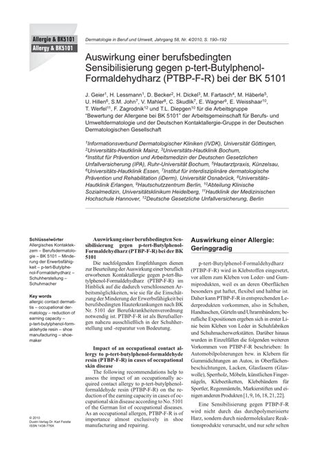 Pdf Impact Of An Occupational Contact Allergy To P Tert Butylphenol