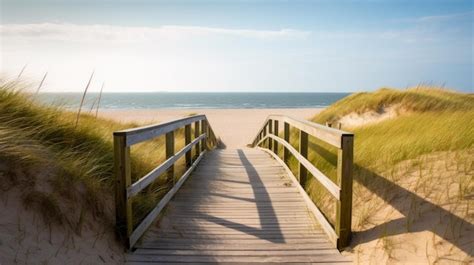 Una pasarela de madera conduce a la playa y al océano Foto Premium