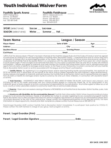 FOOTHILLS SPORTS ARENA 20 YOUTH SPORTS INDIVIDUAL WAIVER Form Fill