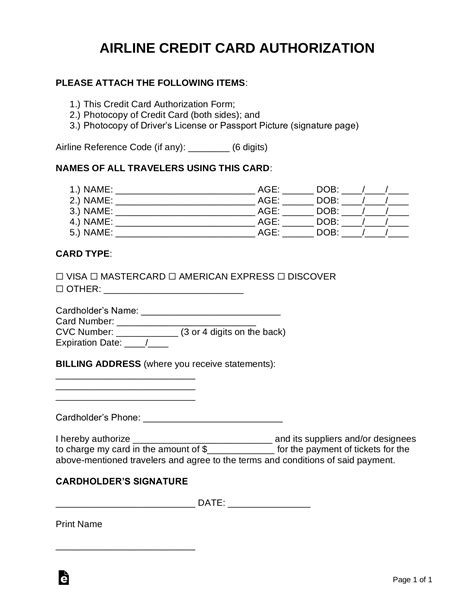 Free Airline Credit Card Authorization Form Pdf Word Eforms