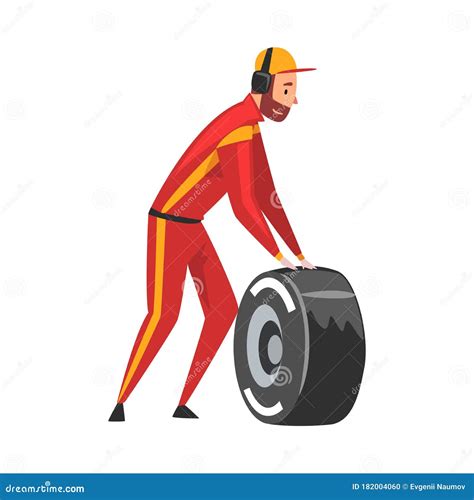 Pit Stop Crew Member In Uniform With Tire Wheel Maintenance Of Racing