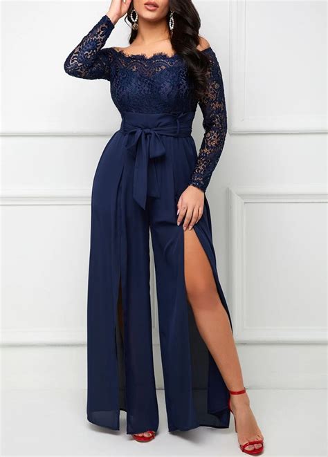 ROTITA Off Shoulder Lace Stitching Long Sleeve Jumpsuit Rotita