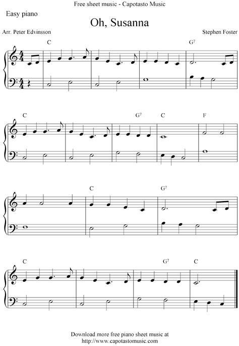 Free Printable Sheet Music: Free easy piano sheet music score, Oh, Susanna!