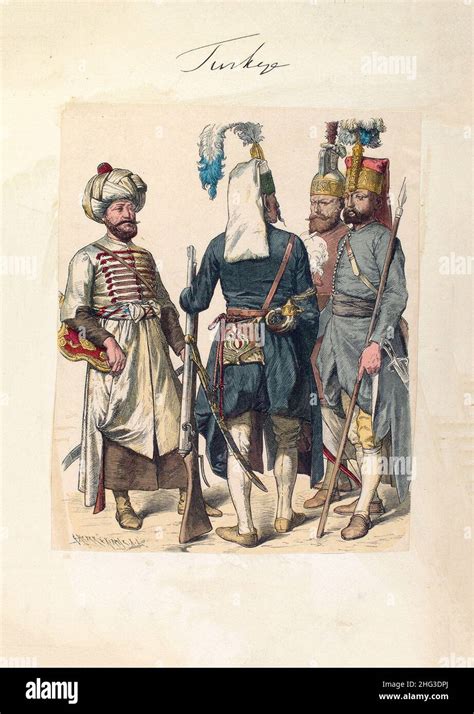 Lithograph of Turkish army (Ottoman troops) of 1600-1805. Janissary ...